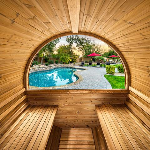 Thermory Sauna Barrel by Pool
